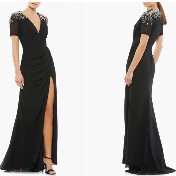 MAC DUGGAL 55704 SEQUINED EMBELLISHED SHORT SLEEVE BLACK THIGH SLIT GOWN 16 - Picture 1 of 3